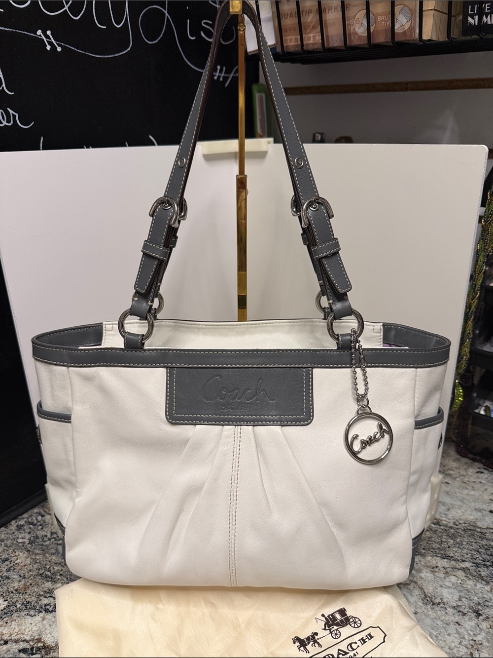Coach East West Gallery toteWhite and Gray Leather Tote with Logo Charm
